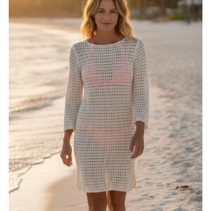 Crochet Knit Tie Closure Cover-Up, Women’s L, Cream